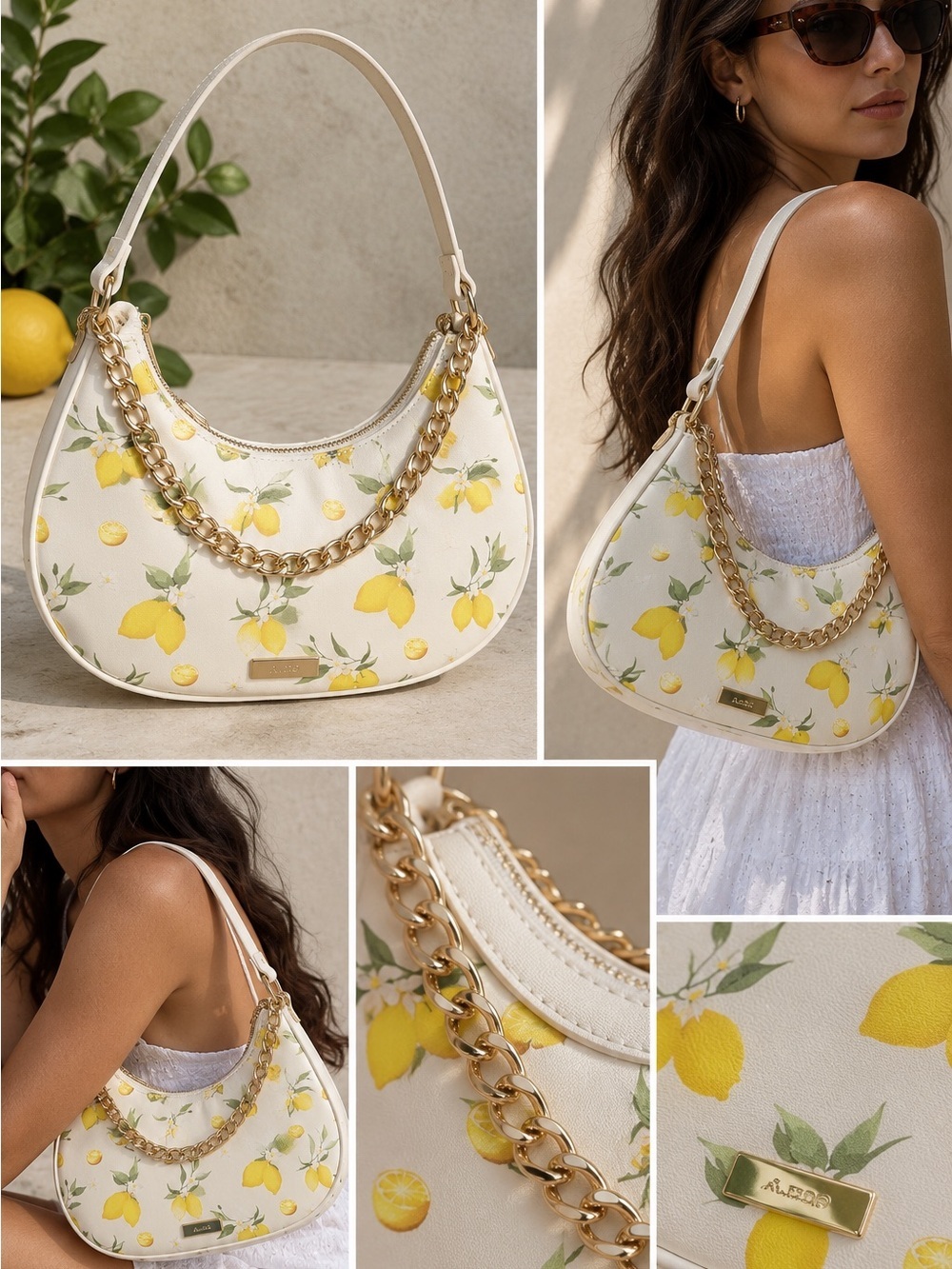 ALDO Lemon Print Crescent Shoulder Bag White Gold Chain New Without Tags